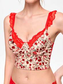 Bonmuse 1pc Women Floral Print Lace Patchwork Underwire Comfortable Bra - Apricot - View 4