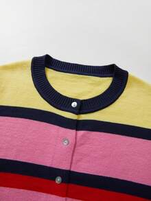 FOR BEAUTY Women's Y2K Multicolor Rainbow Striped Button Front Crew Neck Long Sleeve Ribbed Knit Cardigan Sweater, Autumn/Winter Fall - Multicolor - View 11