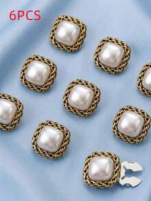 6/2/1PC Vintage Square Faux Pearl Button Covers Gold Chain Trimmed Shirt Collar Button Caps Clip-On Cufflinks Formal Dress Clothing Accessories - Multicolor - View 6