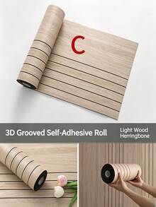 3 Meters/Roll 3D Grooved Self-Adhesive Wall Panel Roll, Brushed Wood Grain & Herringbone Texture Peel And Stick Decorative Wall Sticker, Suitable For Home Living Room Bedroom Renovation - Upgraded Version - View 5
