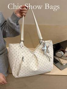 Women's Polka Dot Soft Shoulder Bag, External Zipper Pocket, Large Capacity Commuter Bag, Casual Sweet Style, Suitable For Daily Outings (Includes Pendant) - White - View 2