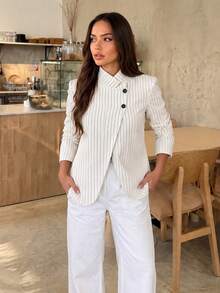 Women's Spring/Summer Striped Casual Blazer, Vintage Elegant, Professional Confident Workplace Style, Unlined White Fall - White - View 5
