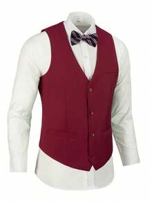 Vest For Men Solid Formal Suit Waistcoat With Wide Pockets For Business Wedding Party Outfit To Match Men Suits - Red - View 4
