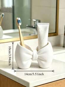Mini Cream Bow Creative Fun Toothbrush Holder, Toothbrush Cup, Desktop Storage Rack, Can Hold Toothbrush, Toothpaste, Flower Pot, Vase, Vanity Decor, Bathroom Supplies. Cozy Home Bathroom Decor Autumn Decor Back To School Season - Multicolor - View 6