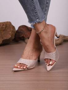 Elegant Rhinestone Stiletto Heel Sandals For Women, Pointed Toe Open Toe High Heel Slippers, Fashionable Party Sandals - Beige - View 5