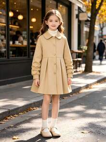 1pc Girls Khaki Mid-Length Thin Spring/Autumn Trench Coat, Peter Pan Collar, Single-Breasted, Back 3D Big Bow, Versatile Long Jacket - Khaki - View 3