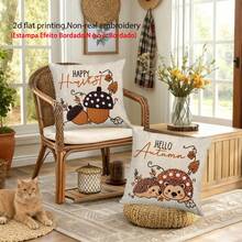 1pc/2pcs Autumn Cartoon Hedgehog & Acorn Faux Embroidery Pillow Case, 2D Printed Non-Embroidered, Cute Cartoon Style Polyester Square Single-Sided Zipper Closure Cushion Cover Without Pillow Insert, Suitable For Daily Home, Sofa, Bed, Bedroom, Living Room, Cafe, Exhibition Hall, Decorative Pillowcase, Daily Holiday Party Decoration - Brown - View 6