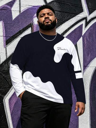 Men's Plus Size Casual Crew Neck Long T-Shirt, Polyester Knit Fabric, Comfortable And Breathable, Fashionable Streetwear "Wave Stripe Art Letter" Graphic, Casual Street Design Fresh Series, Novel Personalized Top