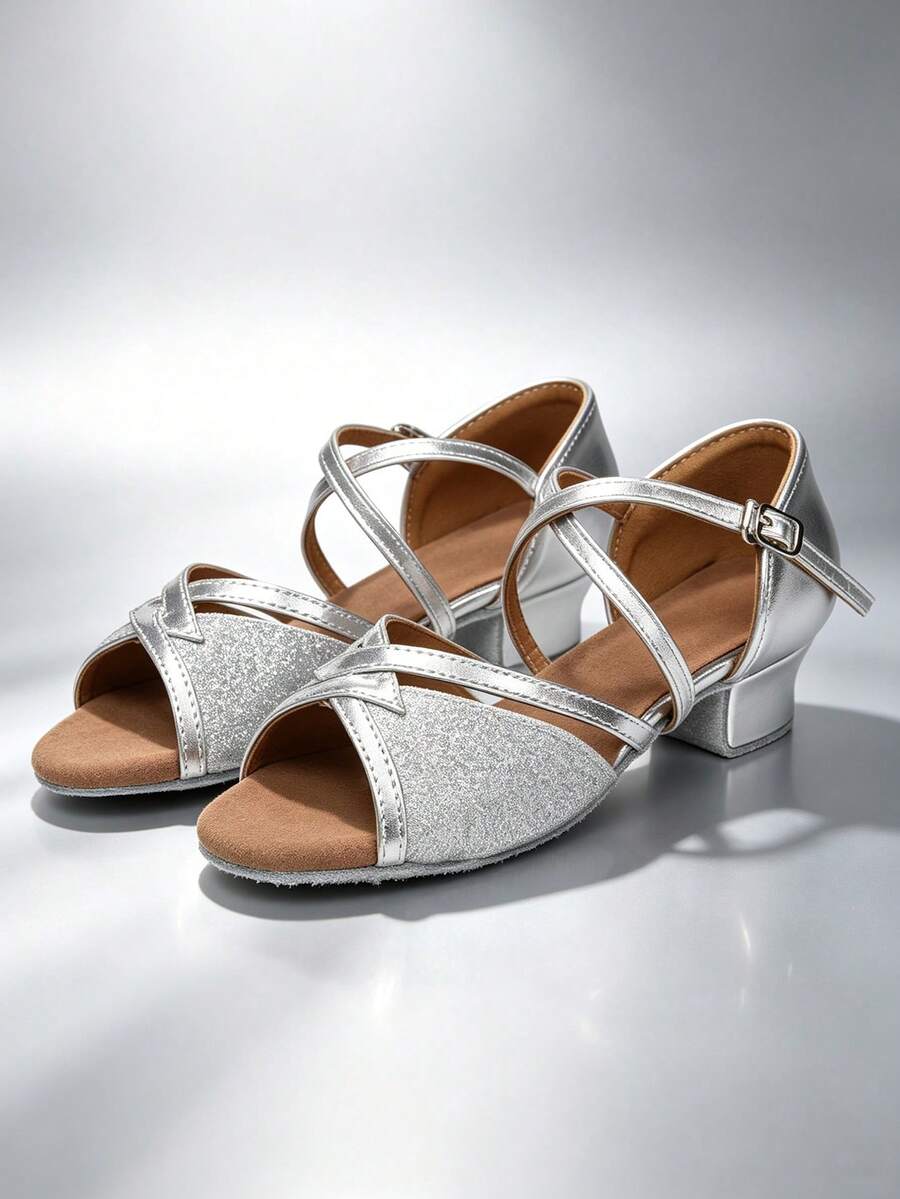 Girls' Low Heel Latin Dance Shoes, Practice Dance Sandals, Beginner Social Dance Shoes - Silver - View 1