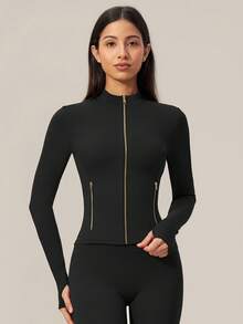 TimeOff Women's 1pc Solid Color Stand Collar Zipper Side Pocket Thumb Hole Jacket Coat, Autumn/Winter - Black - View 9