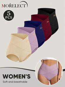 Morelect 5 buah celana dalam wanita pinggang sedang-tinggi, desain tali silang, warna polos, pengontrol perut, elastis, pembentuk tubuh, pas, lembut. - MultiWarna - View 5