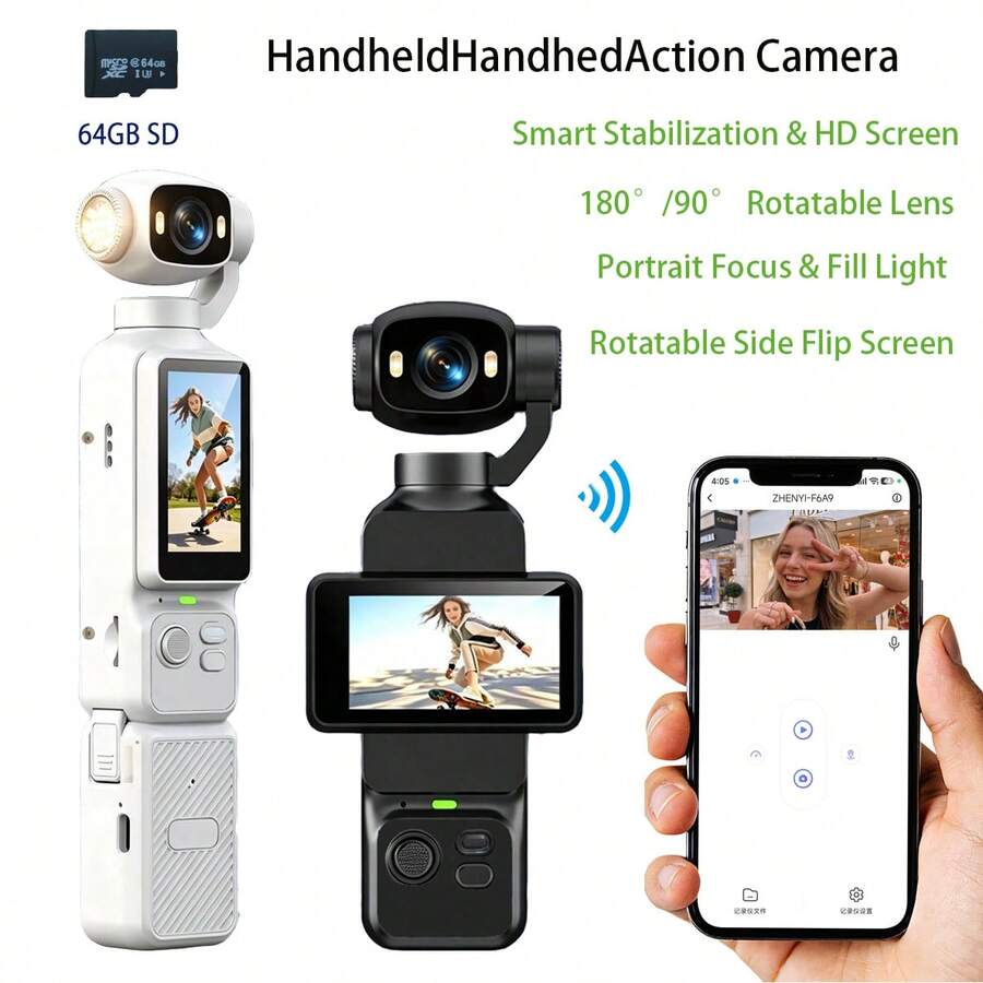 WiFi Connected Handheld Digital Camera, Supports 4K Video Recording, Extended Charging Compartment Design, Equipped With Rotatable Flip Screen. Front And Back Can Rotate 180°, Right Side Can Rotate 90°, Supports Flash, Night Shooting, Auto Focus, Landscape/Portrait Mode, Built-In 64GB SD Card And 1800mAh Battery. - View 1