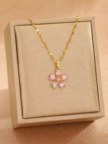 1pc Copper & Zirconia Five-Petal Flower Pendant Necklace With Stainless Steel Chain For Girls Delicate Fashion Party Clavicle Chain For Daily Life - Pink - View 1