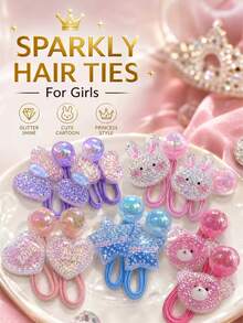 10PCS Cute Sparkly Glitter Cartoon Hair Ties For Little Girls, Bear Rabbit Heart Star Design Elastic Hair Bands, Princess Style Kids Hair Accessories - Multicolor - View 2