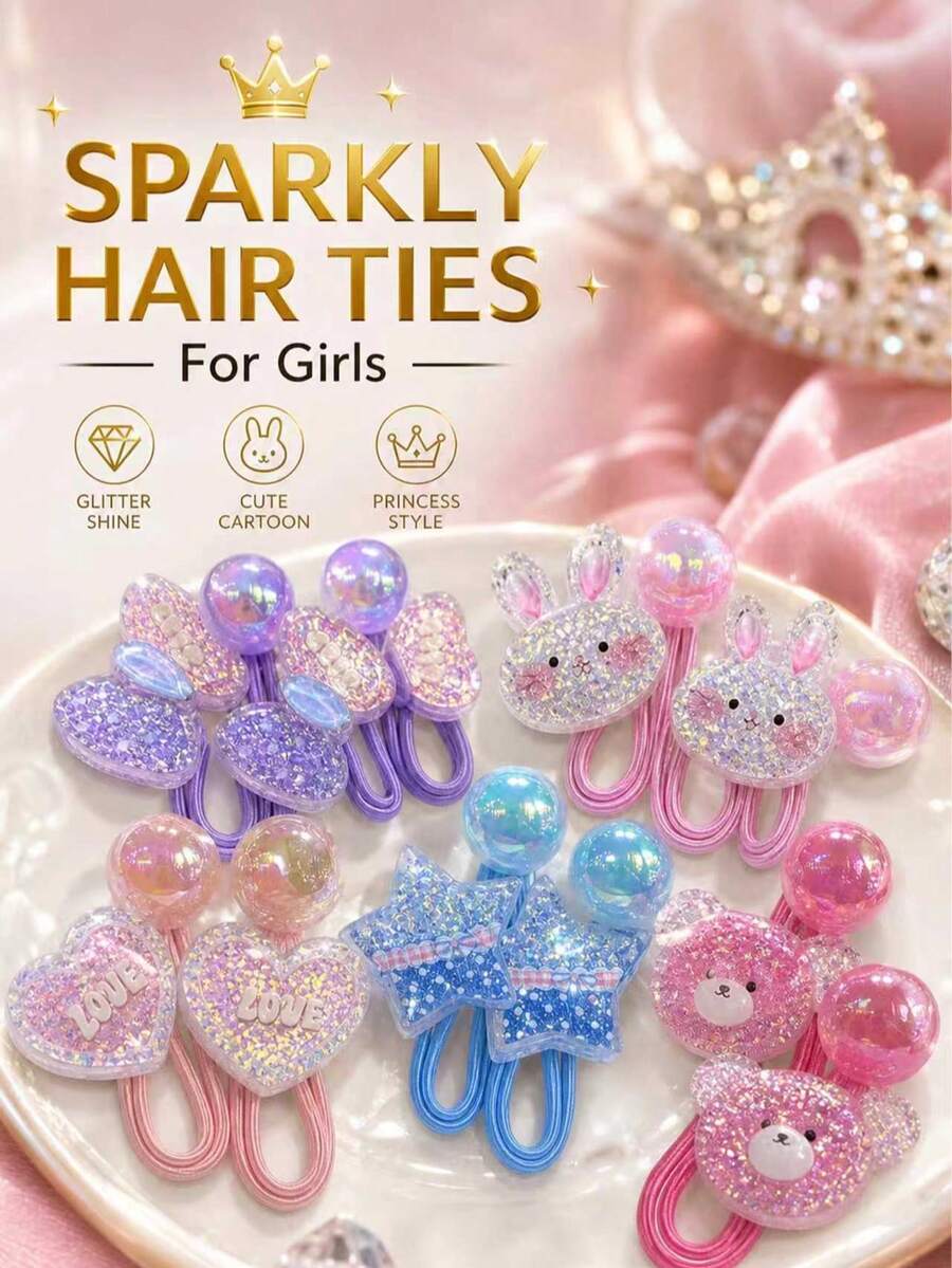 10PCS Cute Sparkly Glitter Cartoon Hair Ties For Little Girls, Bear Rabbit Heart Star Design Elastic Hair Bands, Princess Style Kids Hair Accessories - Multicolor - View 1