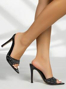 Women's New French Style High Heel Sandals, Sexy Pointed Toe, Rhinestone Decor, Minimalist Open Toe, Versatile Party Stilettos, Black - Black - View 4
