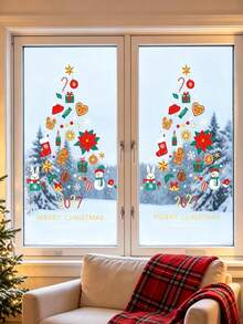 1pc Christmas Static Window Sticker, Creative Tree-Shaped Mixed Christmas Element Print, Includes 2027, Rabbit, Snowman, Gingerbread Man, Gift, Decorative Patterns, Reusable PVC Glass Door Wall Sticker, Indoor Home Christmas New Year Party Decoration - Style a - View 6