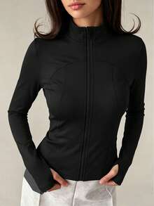 New Women's Solid Color Front Zipper Sports Jacket, Long Sleeve Minimalist Casual Lightweight Cardigan Jacket - Black - View 2