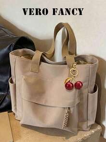 Fashion Solid Color Large Capacity Crossbody Bag, Multi-Functional Commuter Tote Bag, Suitable For Students, Classes, Commuting, Outings - Khaki - View 2