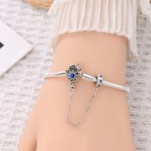 S925 Sterling Silver Snake Bone Bracelet, Heart Cross And Fatima Hand Clasp, Paired With Star Safety Chain, Vintage Hollow Inlaid Stone Design, Customizable DIY Beaded, Secure Clasp, Women's Luxury Accessory, Comes With Exquisite Gift Box. - Silver - View 8