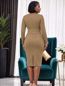 NOU Women's Mid-Length Asymmetrical Shoulder Long Sleeve Button Waist Cinched Bodycon Pencil Dress - Khaki - View 7