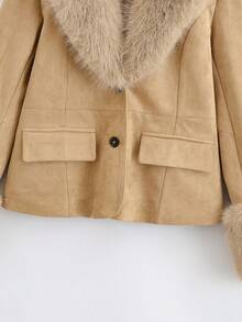 ZAHM Faux Suede Winter Coat For Women, Faux Fur Collar Cuffs Lapel Short Warm Jacket With Pockets - Camel - View 11