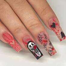 24 Peças Unhas Postiças Quadradas Longas de Halloween com Manchas de Sangue, Teia de Aranha, Coração, Letra, Decoração de Caveira 3D, Estilo Doce e Legal Escuro, Adequado para Uso Diário de Meninas e Mulheres, Festa de Feriado, Cosplay, Tema de Halloween - Multicolorido - Visão 6