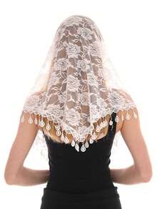 1pc White Printed Tassel Breathable Lace Trim Triangle Scarf Triangle Veil Church Veil Lace Shawl Latin Scarf - White-rose - View 2