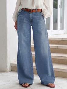 Nuevos jeans casuales de pierna ancha con múltiples botones para mujer - Denim de alta calidad, de moda y cómodos para la primavera - azul claro - Ver 2