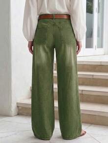 New Women's Loose Fit Wide Leg Casual Washed Denim Jeans - Green, High Quality Jeans Spring Fall - Army Green - View 3
