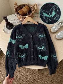 Girls' Street Style Butterfly Knit Cardigan, Faux Fur Trim, Versatile For Daily Wear, Spring/Autumn/Winter - Black - View 2