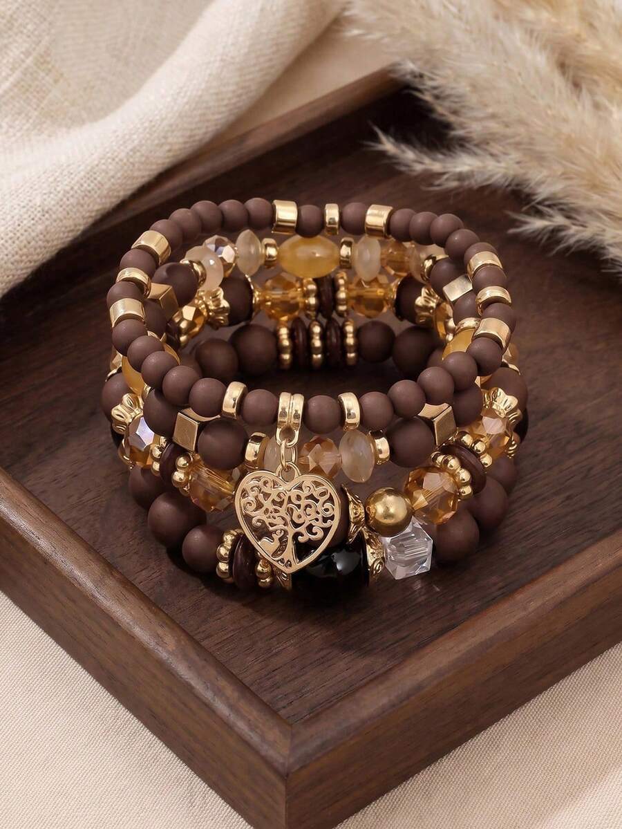 4pcs Bohemian Multi-Layer Beaded Bracelets Crystal Heart Women's Personalized Jewelry - Multicolor - View 1