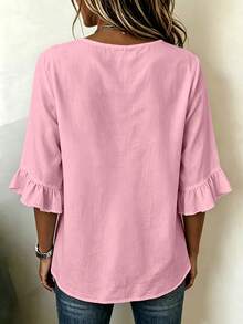 Plus Size Women's Solid Color Button Decor Notch V-Neck Flare Sleeve Blouse - Pink - View 2