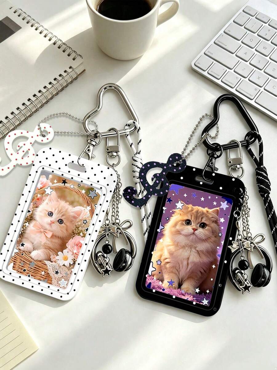 Y2k Wave Note Card Holder Keychain, Equipped With Headphone Pendant And Hanging Rope, Portable Id Holder,Ins Style Bag Charm, ID Card Holder, Credit Card Holder, Daily Use, Birthday Gift, Teacher Gift, Christmas Gift, Back To School Gift. - Multicolor - View 1