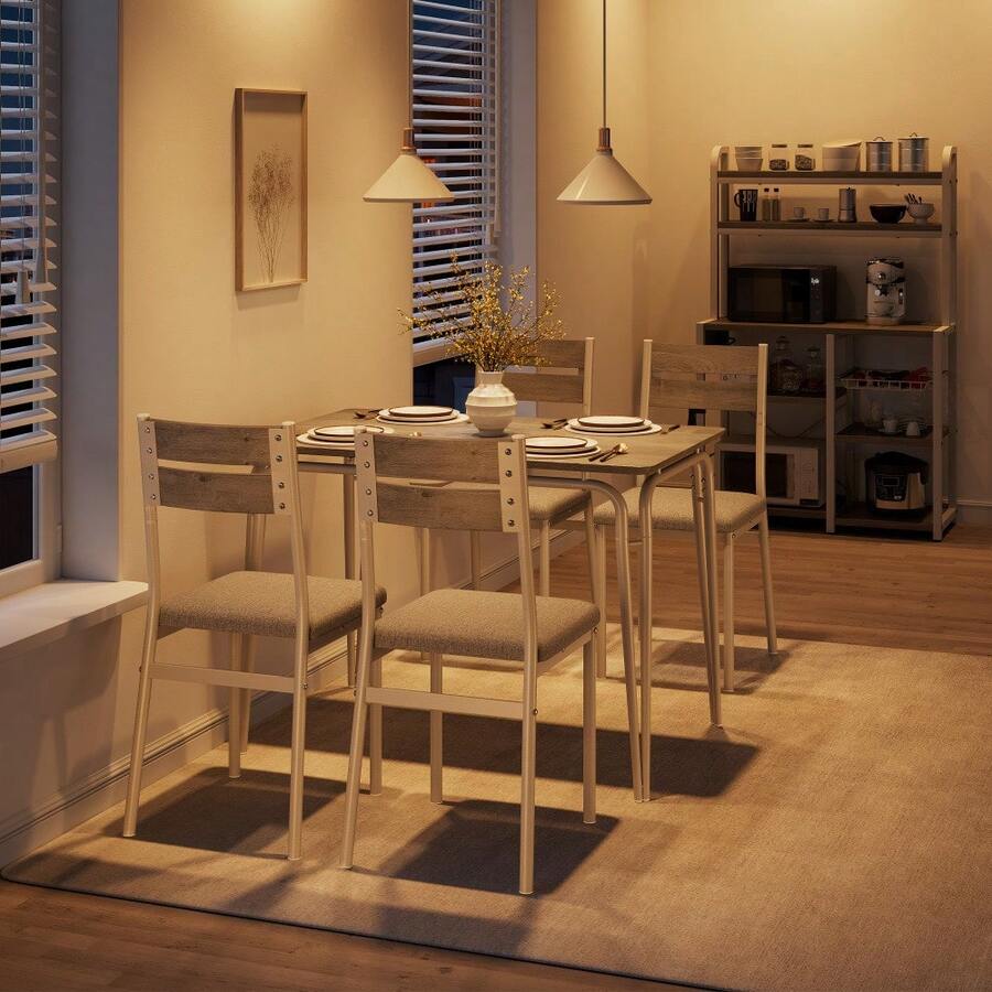 Space-Saving 5-Piece Dining Table Set For 4 – Modern Rectangular Table With 4 Upholstered Chairs – Ideal For Apartments, Breakfast Nooks, Small Spaces - Washed Gray + White Tube - View 1