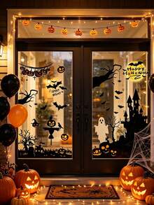 New Halloween Black Castle, Bat, Pumpkin Window Glass Static Cling Stickers Scene Decor, Halloween Party, Store Window Decoration - Sticker - View 1