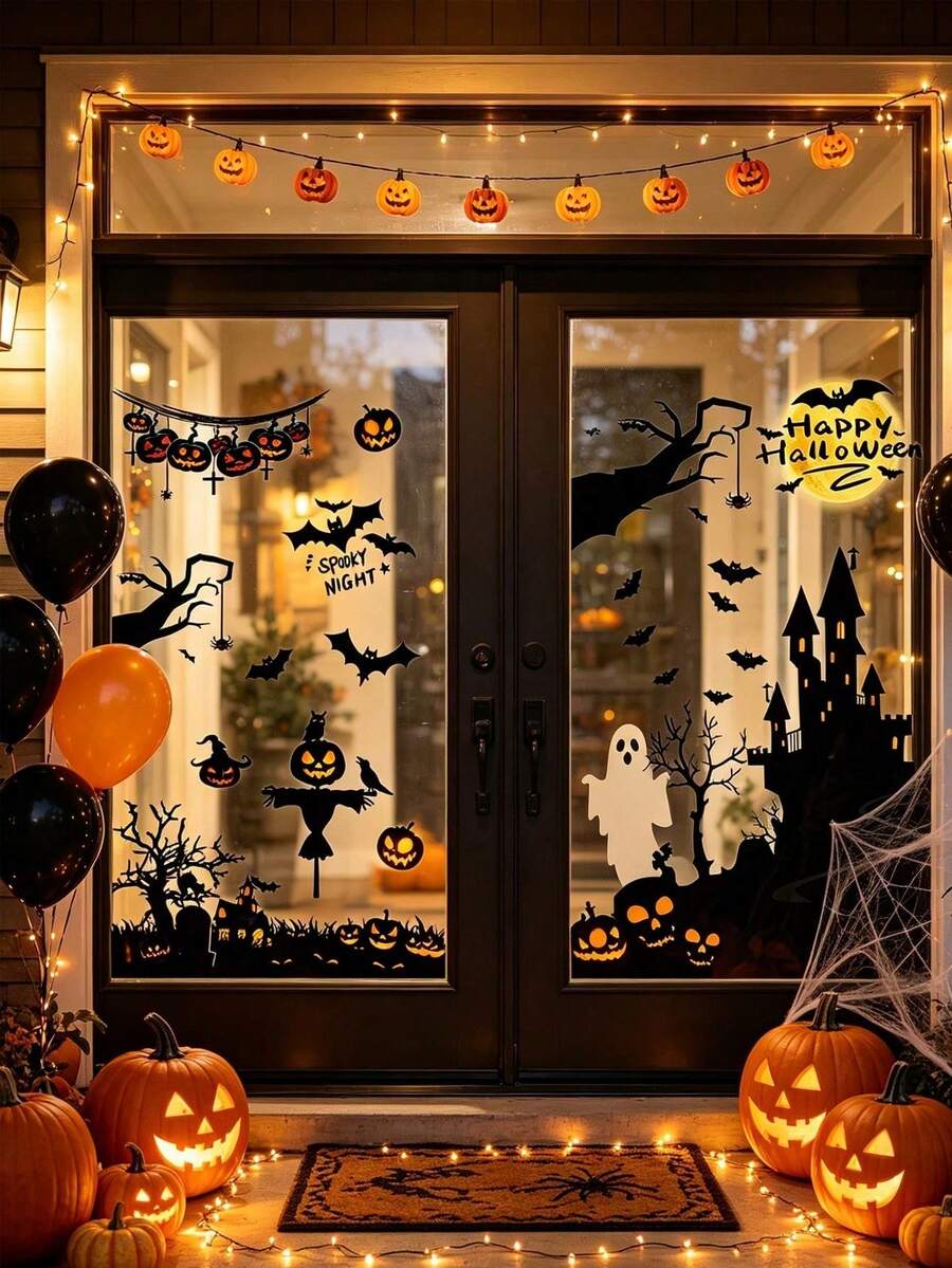 New Halloween Black Castle, Bat, Pumpkin Window Glass Static Cling Stickers Scene Decor, Halloween Party, Store Window Decoration - Sticker - View 1