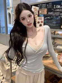 2pcs/Set Spring V-Neck Long Sleeve T-Shirt And Camisole Top Elegant Summer - Baby Blue - View 6