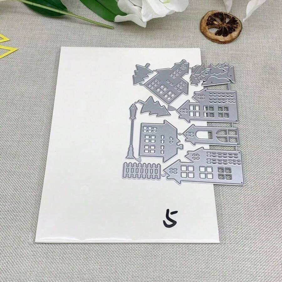 (Termasuk 5 Lembar Kertas Bunga Kering) Templat Cetakan Pemotong Logam Bangunan & Rumah untuk Album Foto DIY, Kotak Hadiah, Kartu Kertas, Kartu Ucapan, dan Scrapbooking - DX691+5PCS Kertas Timbul - View 1