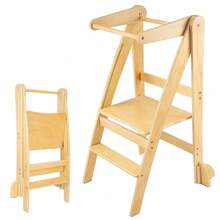 Foldable Wooden Learning Tower – Step Stool, Space-Saving Kitchen Helper For Learning Activities & Bathroom - Brown - View 1