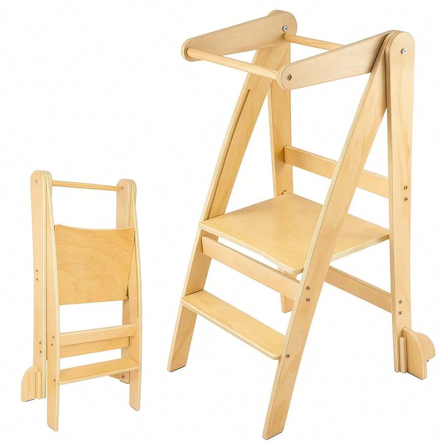 Foldable Wooden Learning Tower – Step Stool, Space-Saving Kitchen Helper For Learning Activities & Bathroom - Brown - View 1