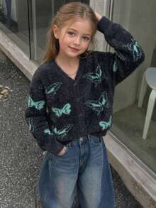 Girls' Street Style Butterfly Knit Cardigan, Faux Fur Trim, Versatile For Daily Wear, Spring/Autumn/Winter - Black - View 1