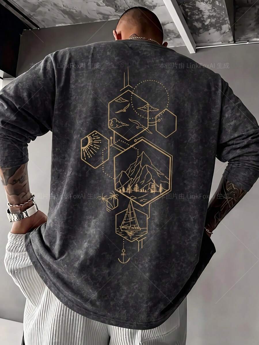 Men's Spring/Autumn Gold Geometric Line Print Back Design Faux Washed Drop Shoulder Loose Fit Crew Neck Long Sleeve T-Shirt - Black - View 1