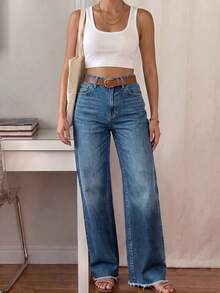 Women's Straight Leg Jeans, Mid-Waist Stretch Denim With Front And Back Pockets, Frayed Hem, Elegant Versatile Jeans For Autumn, Suitable For Various Occasions - Blue - View 3