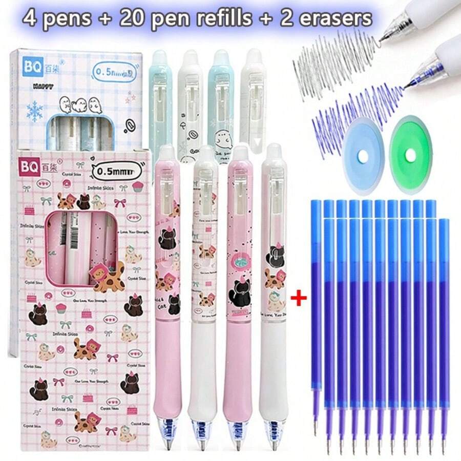 26 buah Pulpen Gel Tarik dan Hapus (4 Pulpen + 20 Isi Ulang + 2 Penghapus), Ujung Halus 0,5 mm Tinta Biru, Motif Kartun Kucing & Anjing Laut yang Lucu, Pulpen Klik yang Dapat Dihapus dengan Sensitivitas Panas, Termasuk Isi Ulang yang Dapat Diganti, Alat Tulis untuk Mencatat dan Merencanakan Pelajaran di Kelas Siswa - MultiWarna - View 1