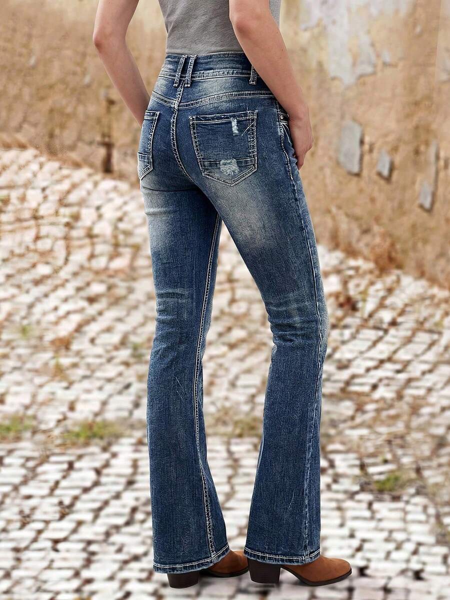 Deep Blue Vintage Washed Double Button Mid-Waist Flared Jeans For Women, Contrast Stitching Slim Fit Flattering Bell Bottom Denim Pants, Back Pocket Split Distressed Design - Nostalgic Color - View 1