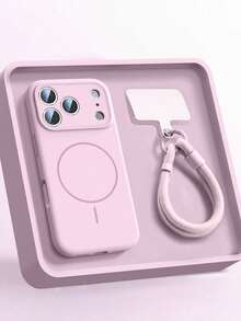 1件 啞光液態矽膠極簡磁吸手機殼 + 短掛繩，適用於 iPhone 18 17 Air 16 15 14 13 12 Pro Max Plus，支援無線充電，柔軟矽膠背蓋 - 粉紅色+短繩 - 查看 3