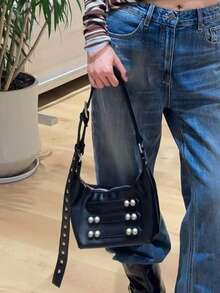 American Hot Girl Motorcycle Bag New Niche Design Ins Style Double Button Underarm Bag Commute Outing Daily Shopping Versatile Fashion Minimalist Shoulder Crossbody Bag - Black - View 2