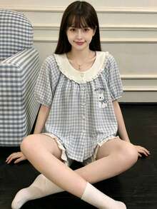 2pcs/Set Women's Pajama Loungewear Set, Fashionable Animal Print Cardigan Short Sleeve Ruffle Hem Design Shorts, Casual Simple, Suitable For Spring And Summer, Comfortable For Home - Blue and White - View 11