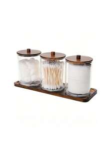 3pcs Transparent Plastic Round Cotton Swab Storage Box (With Tray) / 1pc Modern Portable Desktop Storage Box (For Home Use) - Multicolor - View 8